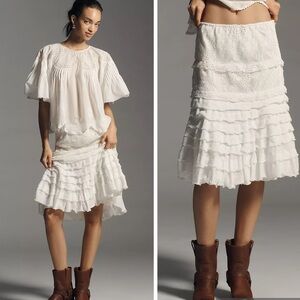 Anna Sui Embroidered Ruffle Skirt XS Embroidered Eyelet Ruffle Boho Knee-Length